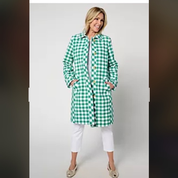 Isaac Mizrahi Green and White Gingham Twill Car Coat Trench - Picture 11 of 13
